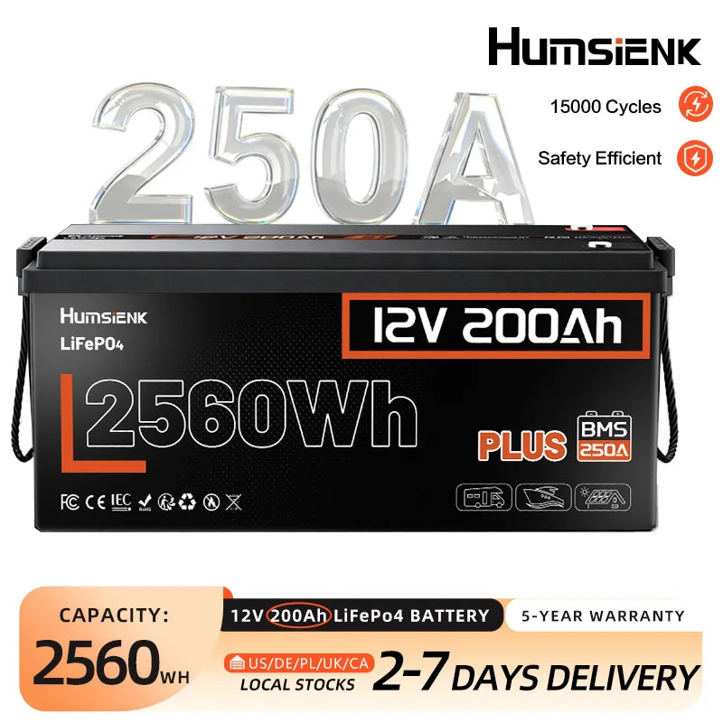 Humsienk 12V 200Ah LiFePO4 Battery, Built-in 250A BMS, 15000+ Deep Cycle, Low-Temp Protection, Rechargeable Lithium Battery for RV, Van, Golf Cart, Boat, Camper, Marine, Trolling Motor, Off-Grid, Solar Energy Storage, 5-Year Warranty
