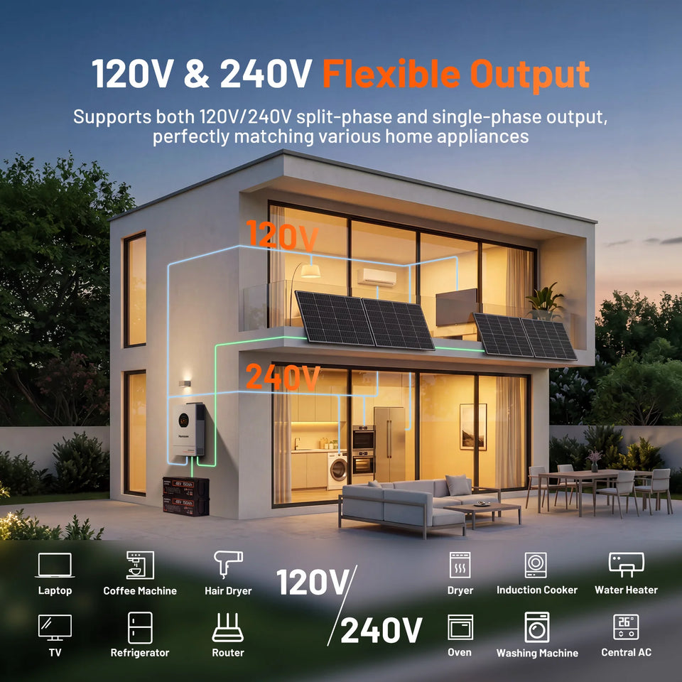 Humsienk 48V 8KW 3-in-1 Solar Hybrid Inverter, Dual MPPT, 120V/240V Split/Single Phase, 8KW Pure Sine Wave Output, Safety Protections, With USB/RS485/CAN, LCD Display & Remote Monitoring For Off-Grid System
