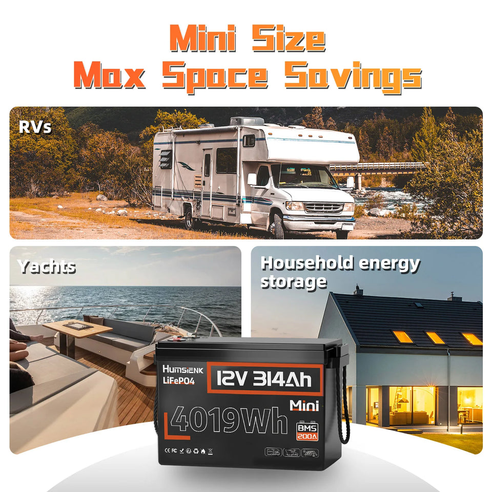 Humsienk 12V 314Ah LiFePO4 Battery Capacity 4019Wh 200A BMS Up 15000 Cycles Low-Temp Protection For RV Camper/Cabin/Portable Power Station/Solar Energy Storage/5-Year Warranty
