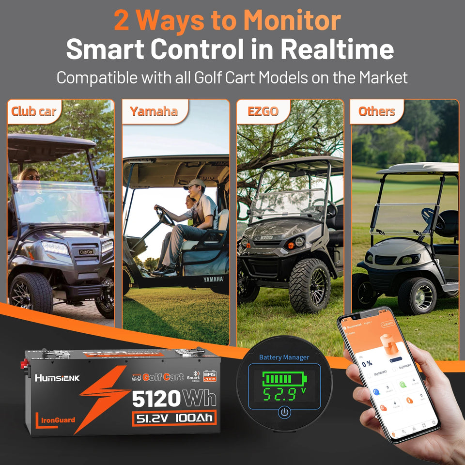 Humsienk 48V 100Ah LiFePO4 Battery Designed For Golf Cart 200A BMS 5120Wh Smart Bluetooth Monitor With 5-Year Warranty/ UL 1973