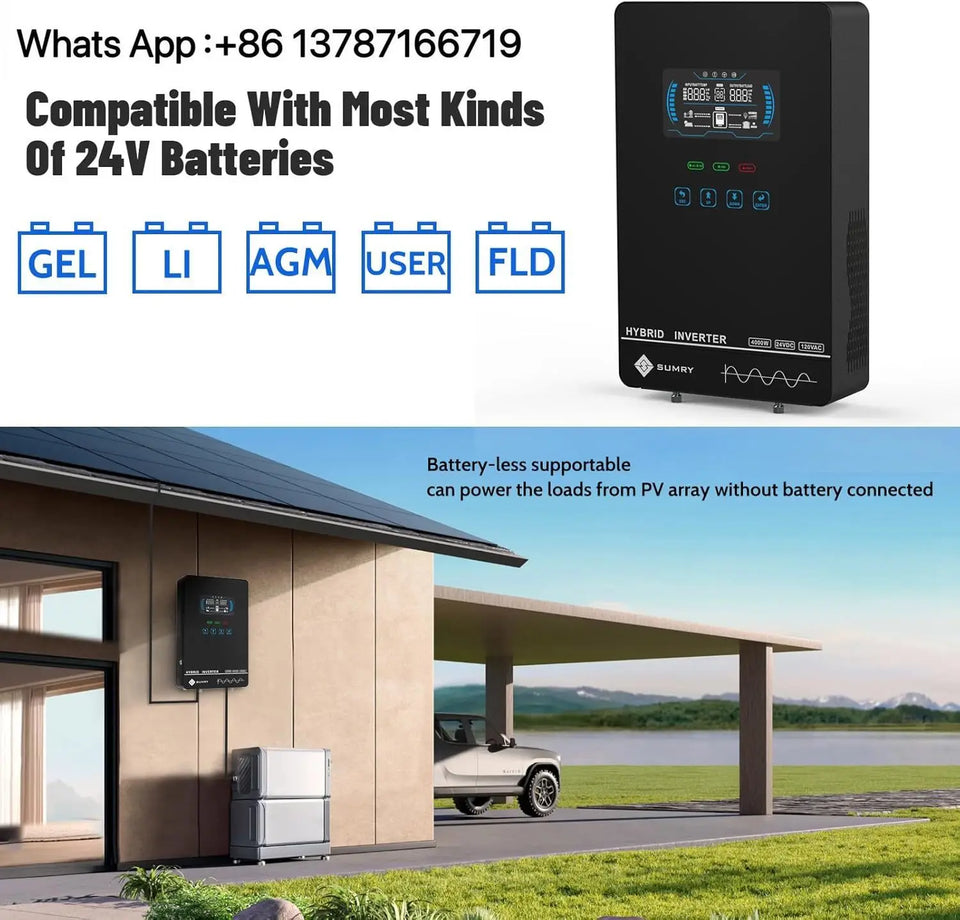 Sumry 4KW 110V 120V Hybrid Solar Inverter 24V 140A MPPT Charger Pure Sine Wave Home Inverter 6.25 Inch LCD Display