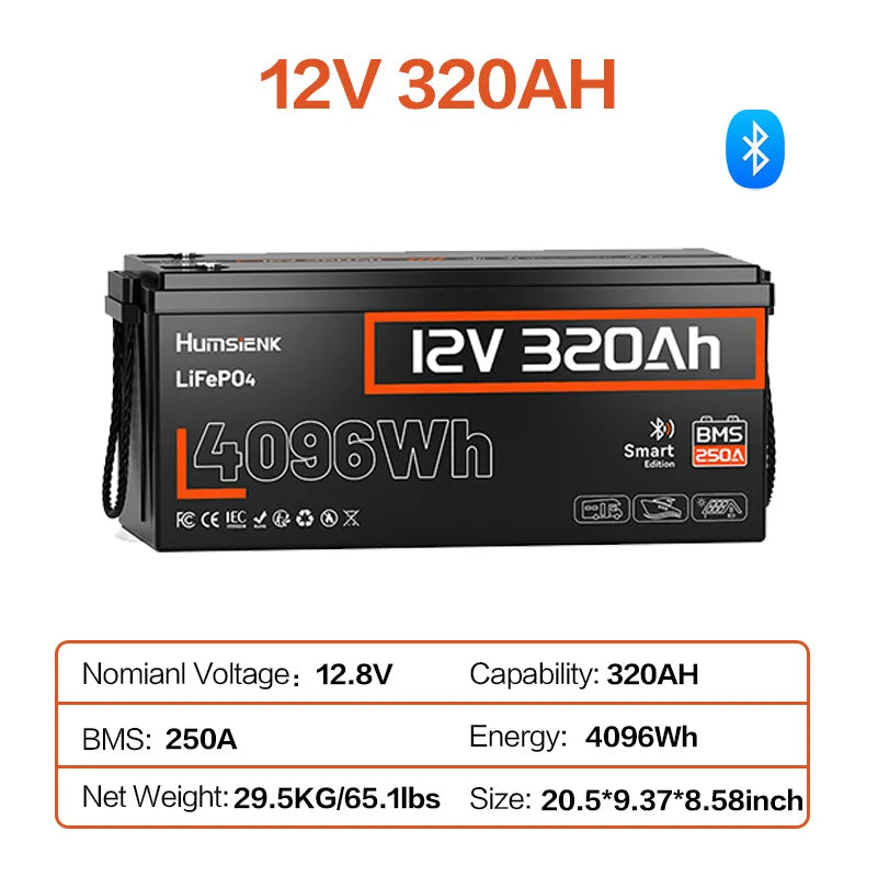 Humsienk 12V 314Ah LiFePO4 Lithium Battery Packs With Bluetooth 200A BMS Rechargeable For RV Golf Cart Camping Fishing Boats