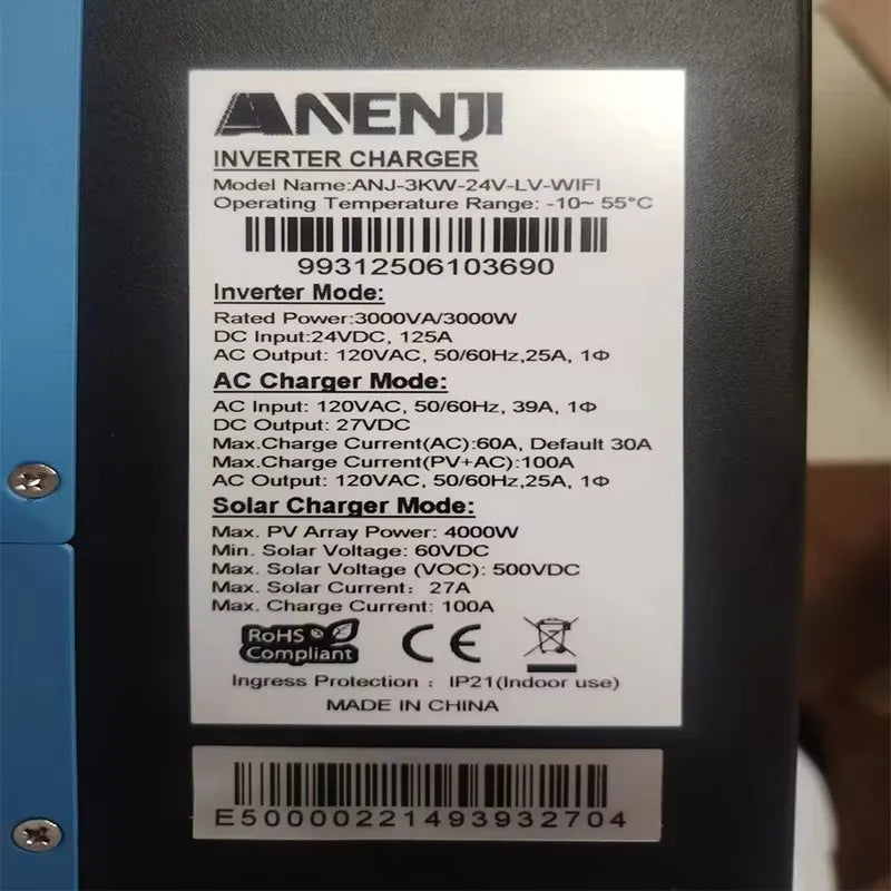 ANENJI Hybrid Solar Inverter 3KW 24V 110V/120V MPPT Pure Sine Wave Off Grid Photovoltaic Inverter with100A Solar Charger PV 500V