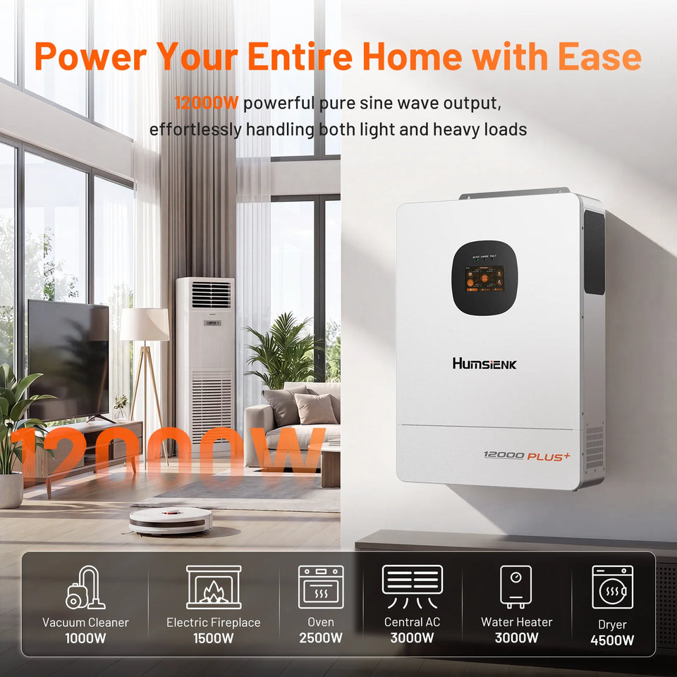 Humsienk 48V 12KW/8KW 3-in-1 Solar Hybrid Inverter, Dual MPPT, 120V/240V Split/Single Phase, 12kW Pure Sine Wave Output, Safety Protections, With USB/RS485/CAN, LCD Display & Remote Monitoring For Off-Grid System