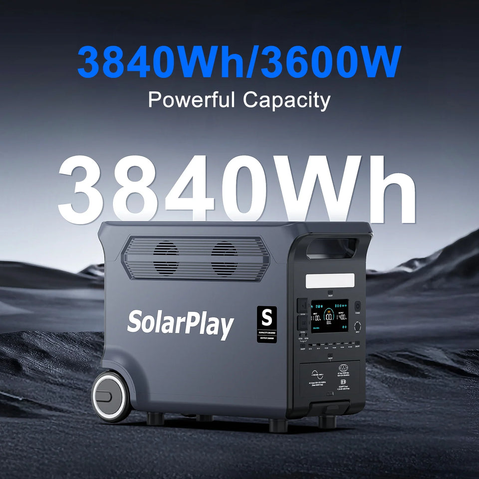 SolarPlay Q3600 3600W Portable Power Station 3840Wh LiFePO4 Solar Generator, 2000W Solar Input, 1.5H Fast Charge, UPS, 15 Ports with TT-30, 30dB Quiet, Foldable Cart for Home Backup Camping RV Off-Grid