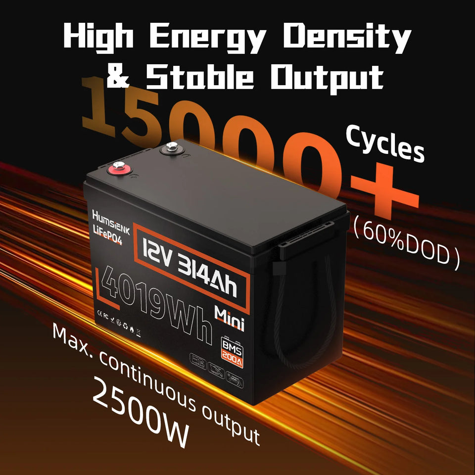 Humsienk 12V 314Ah LiFePO4 Battery Capacity 4019Wh 200A BMS Up 15000 Cycles Low-Temp Protection For RV Camper/Cabin/Portable Power Station/Solar Energy Storage/5-Year Warranty