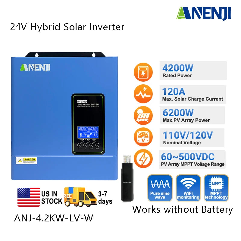 ANENJI 110VAC/120VAC 4.2KW 24V Hybrid Solar Inverter MPPT Off Grid 120A Solar Charger PV 500VDC for PV Solar