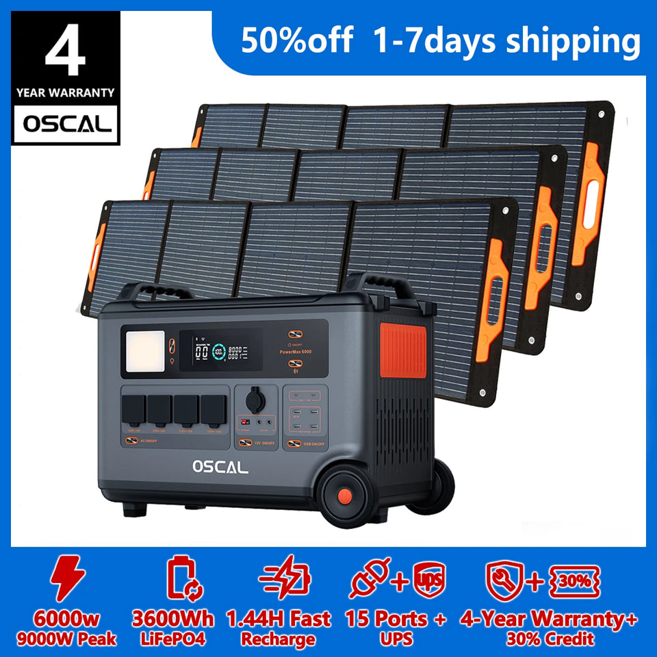 OSCAL PowerMax 6000 Whole Home Solar Generator,3600Wh LiFePO4 | 6000W (9000W Surge) | 1.96 H Charge | 240V/120V DC/AC Bi-Directional Inverter | for Home Emergency, Outdoor Camping，Hurricane Backup