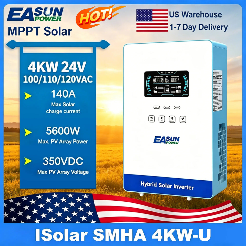 EASUN POWER 4KW 110/120V Power Solar Inverter Off Grid 5600W 24V Pure Sine Wave MPPT Solar Charger Power Home Inverter 6.25 Inch LCD Display US Warehouse
