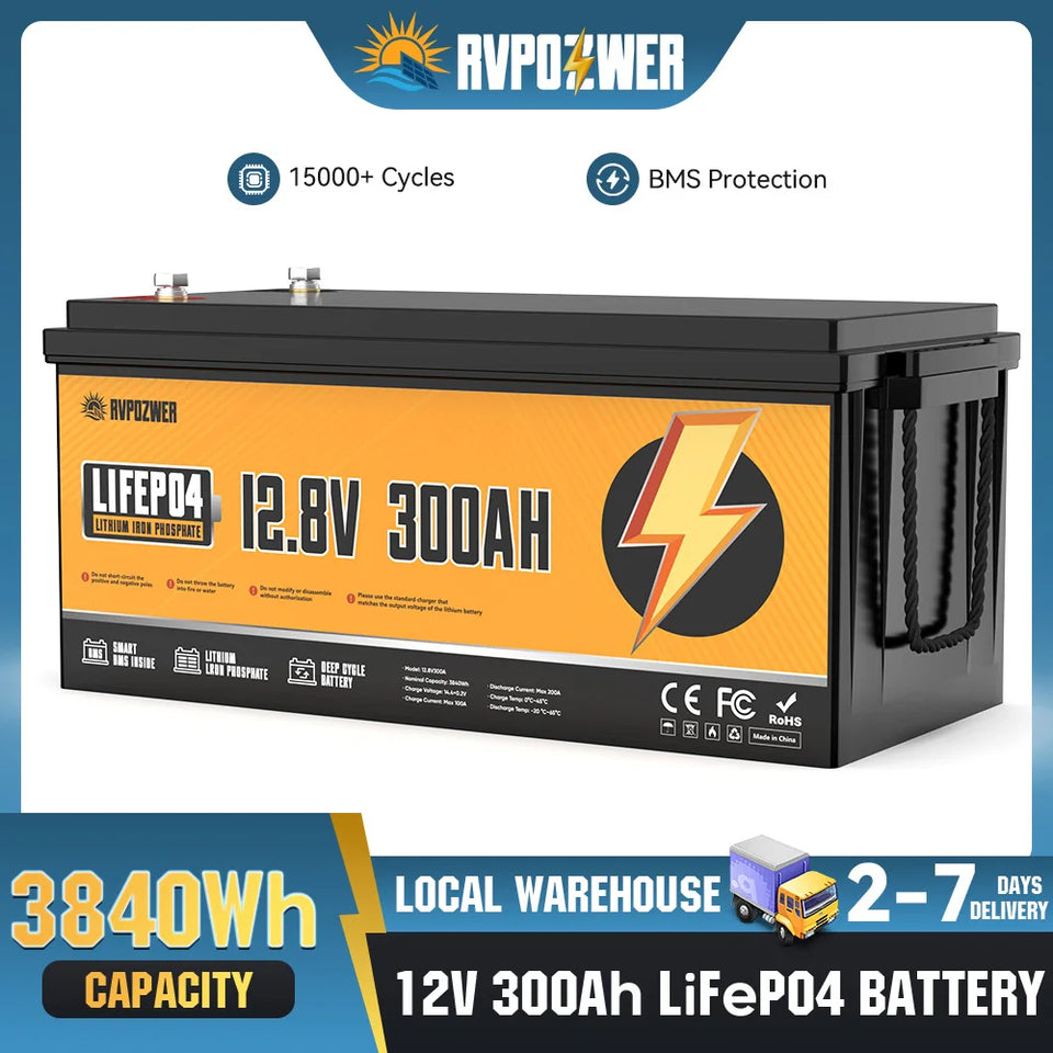 RVPOZWER 12V 300Ah 3840Wh Lithium LiFePO4 Battery 200A BMS for Golf Cart RV Marine Solar Panels Rechargeable Battery