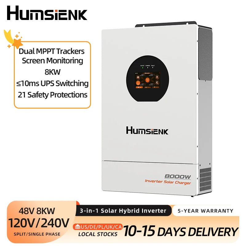 Humsienk 48V 8KW 3-in-1 Solar Hybrid Inverter, Dual MPPT, 120V/240V Split/Single Phase, 8KW Pure Sine Wave Output, Safety Protections, With USB/RS485/CAN, LCD Display & Remote Monitoring For Off-Grid System