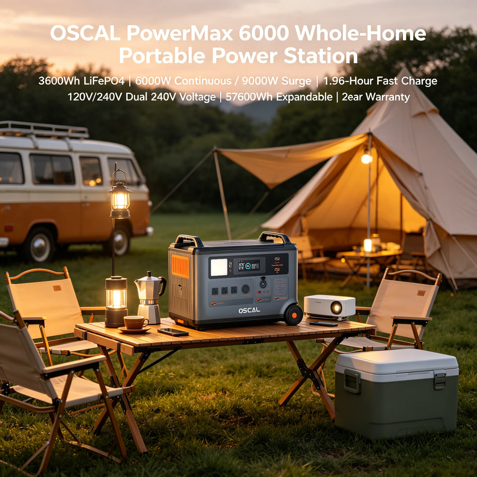 OSCAL PowerMax 6000 Whole Home Solar Generator,3600Wh LiFePO4 | 6000W (9000W Surge) | 1.96 H Charge | 240V/120V DC/AC Bi-Directional Inverter | for Home Emergency, Outdoor Camping，Hurricane Backup