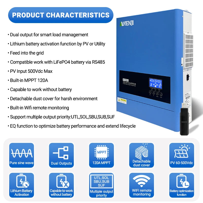 ANENJI 6.2KW 4.2KW 11KW Solar Inverter Hybrid 48V 24V Pure Sine Wave On/OffGrid MPPT 120A 160A PV 500VDC Solar Charge Controller