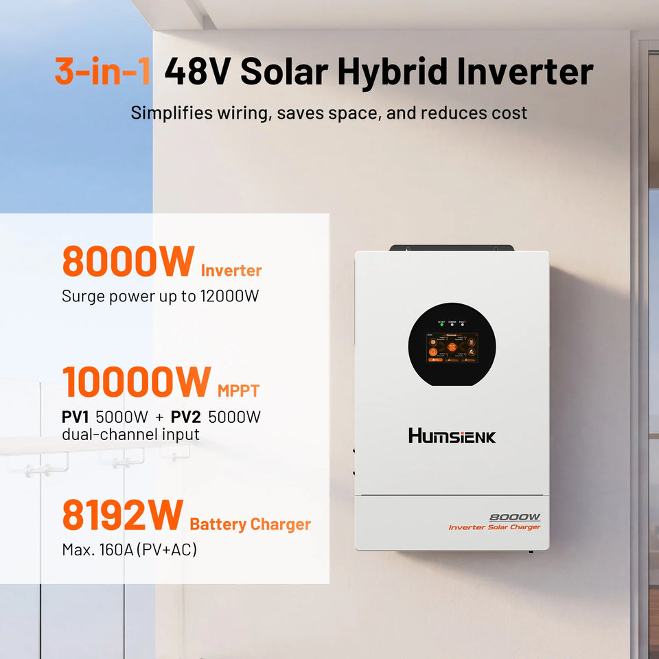 Humsienk 48V 8KW 3-in-1 Solar Hybrid Inverter, Dual MPPT, 120V/240V Split/Single Phase, 8KW Pure Sine Wave Output, Safety Protections, With USB/RS485/CAN, LCD Display & Remote Monitoring For Off-Grid System