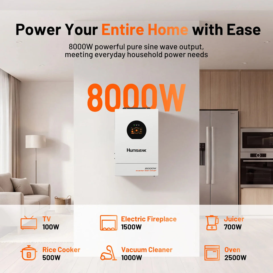 Humsienk 48V 8KW 3-in-1 Solar Hybrid Inverter, Dual MPPT, 120V/240V Split/Single Phase, 8KW Pure Sine Wave Output, Safety Protections, With USB/RS485/CAN, LCD Display & Remote Monitoring For Off-Grid System