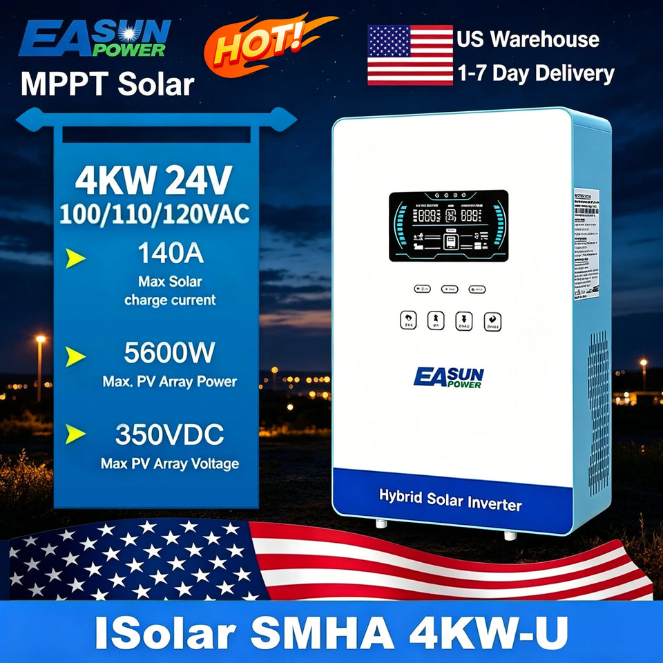 EASUN POWER 4KW 24v Power Solar Inverter Off Grid 110/120v Pure Sine Wave MPPT Solar Charger Power Home Inversor  LCD Display inversores híbridos solares US warehouse