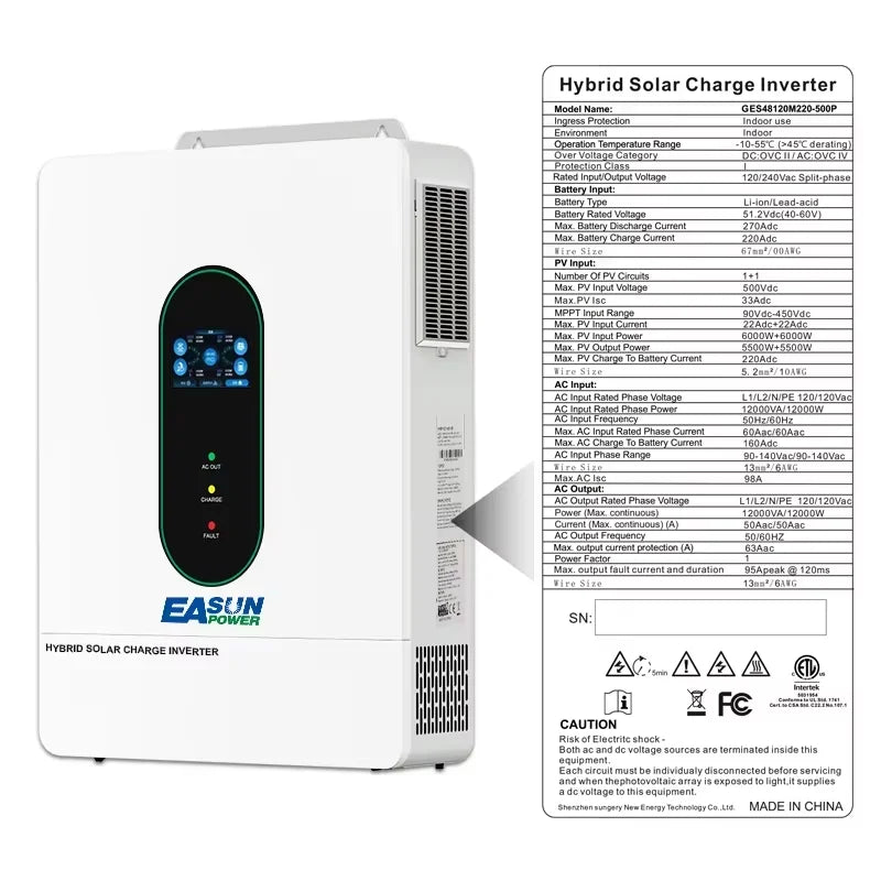 EASUN POWER US 12KW 12000W Split Phase Solar Inverter Two MPPT Hybrid Solar Inverter 160A 500VDC PV Input 110VAC 48VDC Pure Sine Wave Hybrid Dual Output With WIFI 120V/220V Parallel Solar Charging Control Paralleled With WiFi Duty Free