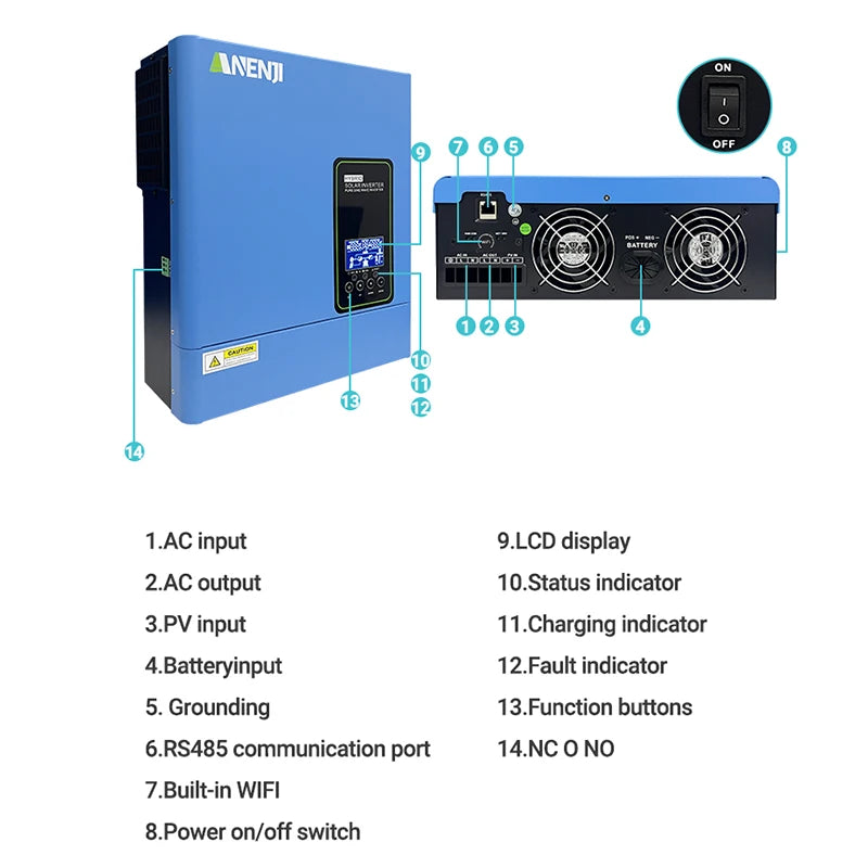 ANENJI Hybrid Solar Inverter 3KW 24V 110V/120V MPPT Pure Sine Wave Off Grid Photovoltaic Inverter with100A Solar Charger PV 500V