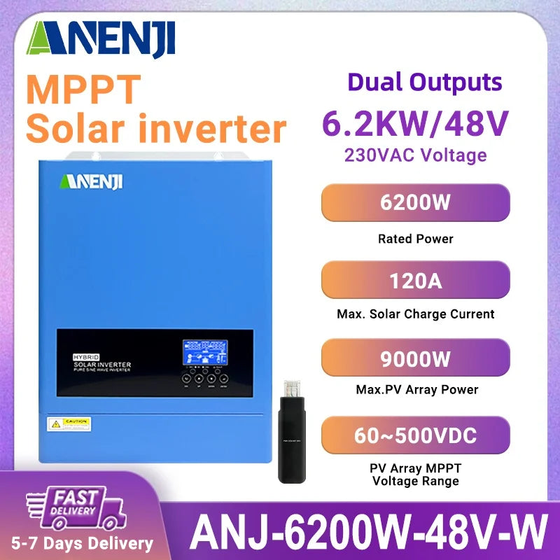 ANENJI 6.2KW 4.2KW 11KW Solar Inverter Hybrid 48V 24V Pure Sine Wave On/OffGrid MPPT 120A 160A PV 500VDC Solar Charge Controller