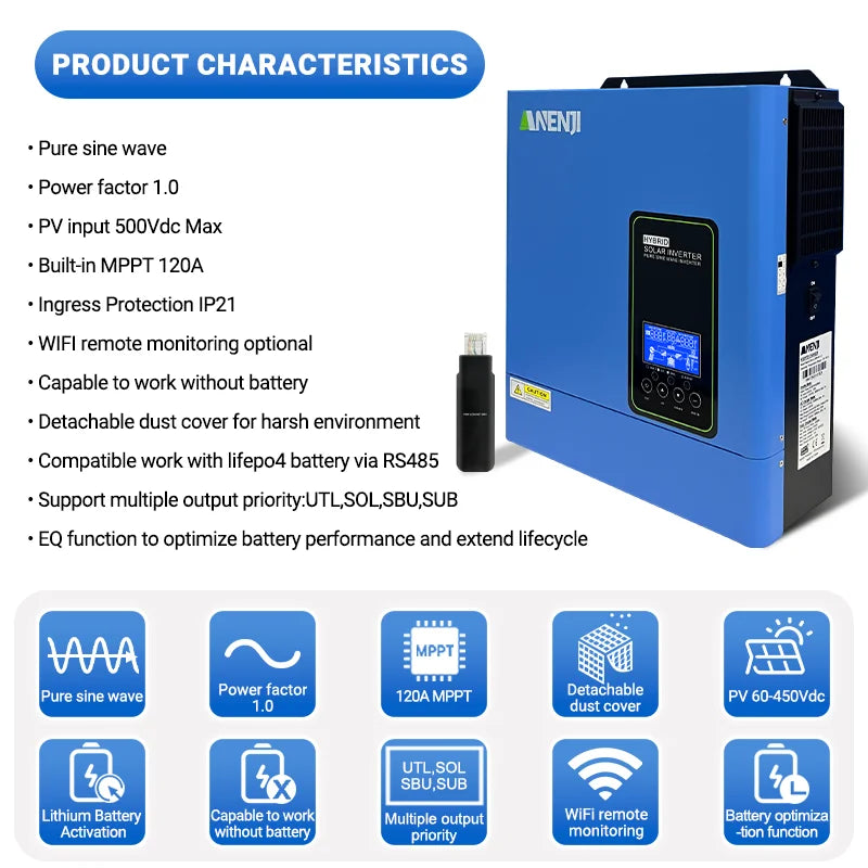 ANENJI 110VAC/120VAC 4.2KW 24V Hybrid Solar Inverter MPPT Off Grid 120A Solar Charger PV 500VDC for PV Solar
