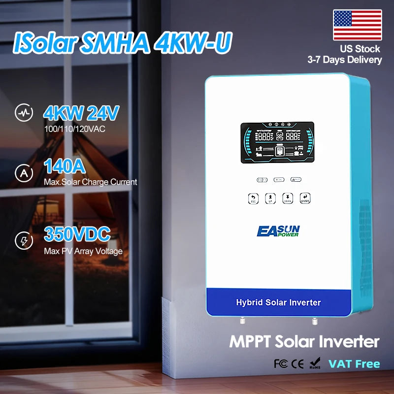 EASUN POWER 4000W 120V Off Grid Solar Inverter 24V 140A 5600W Pure Sine Wave Solar Inverter with 6.25 Inch LCD Display and Touchable Buttons Built-in 150A MPPT Hybrid Inverter US Household