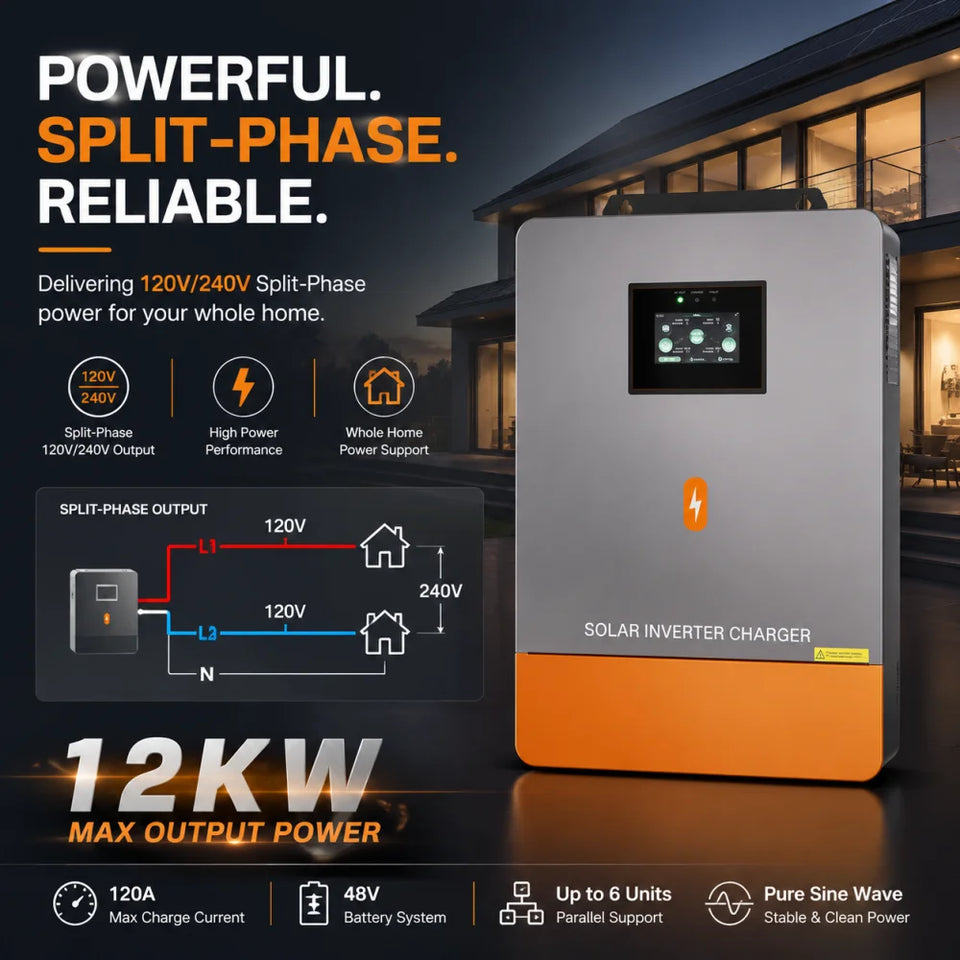 PowMr 10KW/12kW Dual Voltage Inverter 120V/240V Split Phase Built in 2 MPPT 500V PV Input Max 160A Charging with BMS up to 6 Units in Parallel Zero Export CT Off-Grid for LiFePO4 Lead Acid Compatible