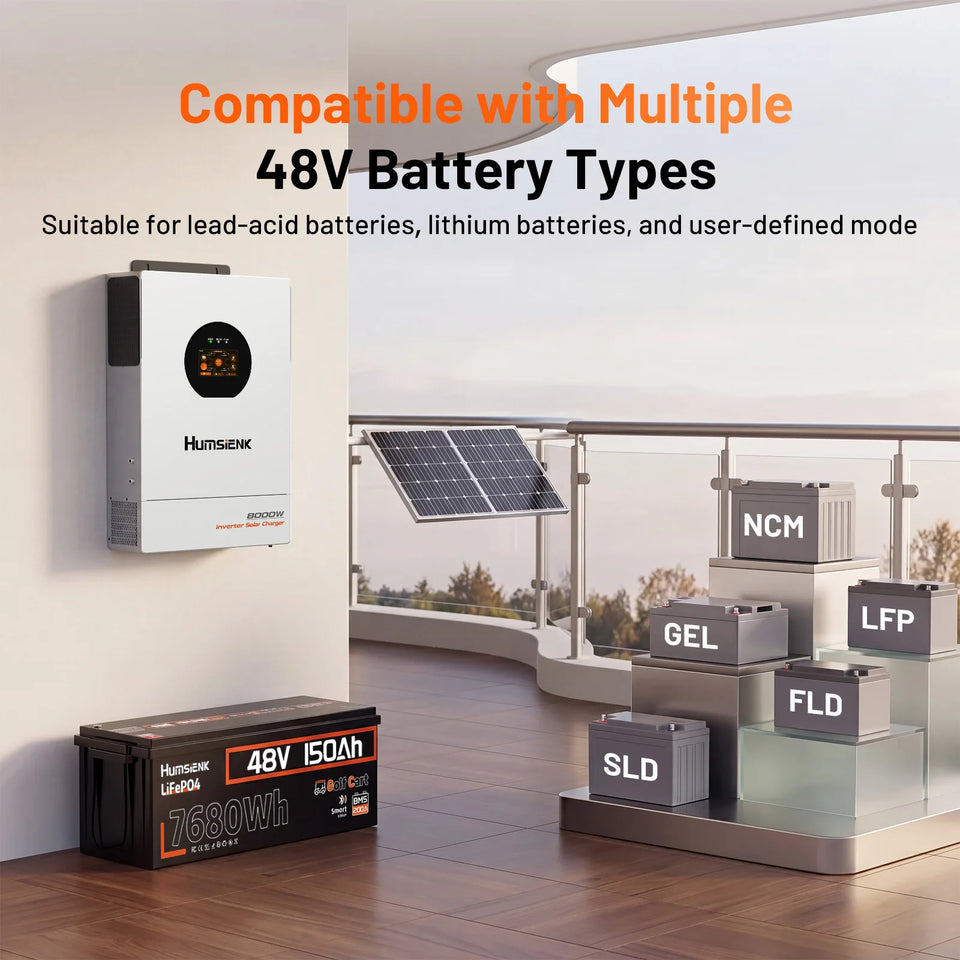 Humsienk 48V 8KW 3-in-1 Solar Hybrid Inverter, Dual MPPT, 120V/240V Split/Single Phase, 8KW Pure Sine Wave Output, Safety Protections, With USB/RS485/CAN, LCD Display & Remote Monitoring For Off-Grid System