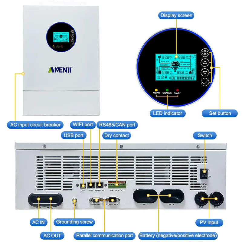 ANENJI Split Phase 12KW 48V Hybrid Solar Inverter 2 MPPT AC 120VAC 240VAC Pure Sine Wave Off Grid Tie MPPT 200A Solar Charger PV 500VDC Dual PV Input