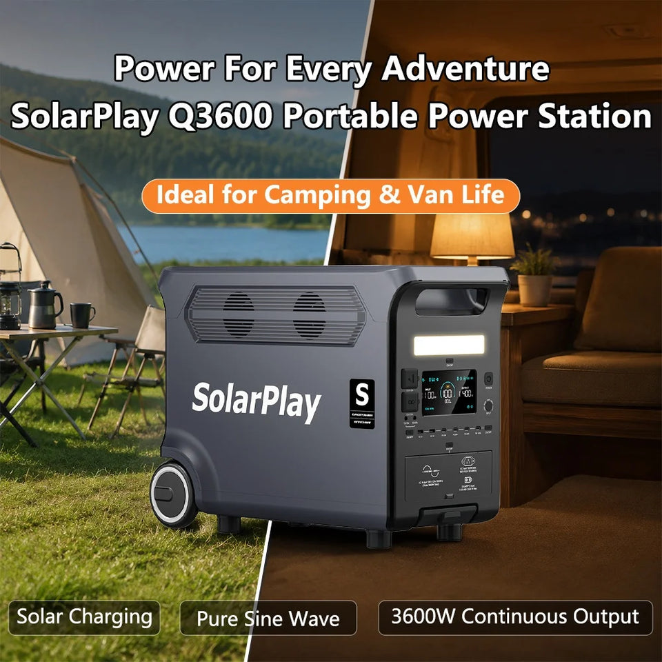 SolarPlay Q3600 3600W Portable Power Station 3840Wh LiFePO4 Solar Generator, 2000W Solar Input, 1.5H Fast Charge, UPS, 15 Ports with TT-30, 30dB Quiet, Foldable Cart for Home Backup Camping RV Off-Grid