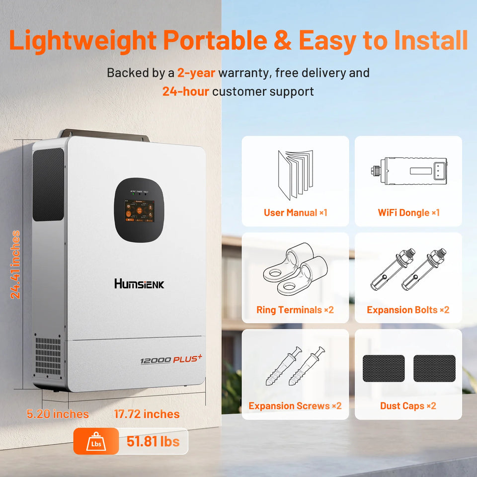 Humsienk 48V 12KW/8KW 3-in-1 Solar Hybrid Inverter, Dual MPPT, 120V/240V Split/Single Phase, 12kW Pure Sine Wave Output, Safety Protections, With USB/RS485/CAN, LCD Display & Remote Monitoring For Off-Grid System