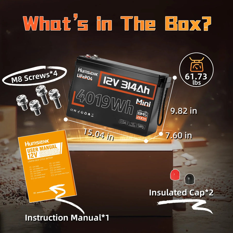 Humsienk 12V 314Ah LiFePO4 Battery Capacity 4019Wh 200A BMS Up 15000 Cycles Low-Temp Protection For RV Camper/Cabin/Portable Power Station/Solar Energy Storage/5-Year Warranty