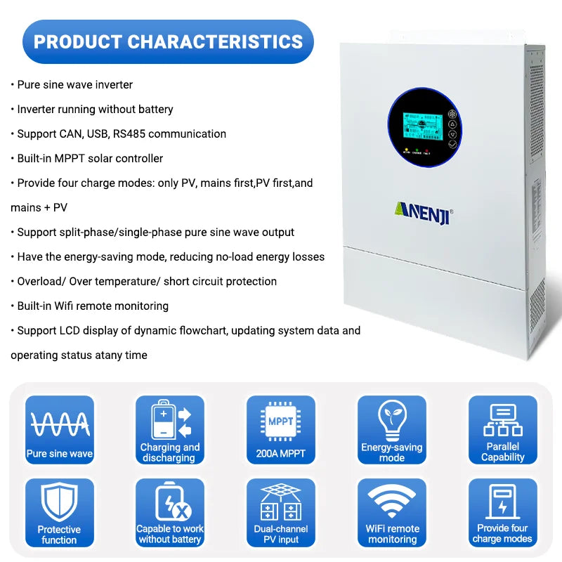 ANENJI Split Phase 12KW 48V Hybrid Solar Inverter 2 MPPT AC 120VAC 240VAC Pure Sine Wave Off Grid Tie MPPT 200A Solar Charger PV 500VDC Dual PV Input