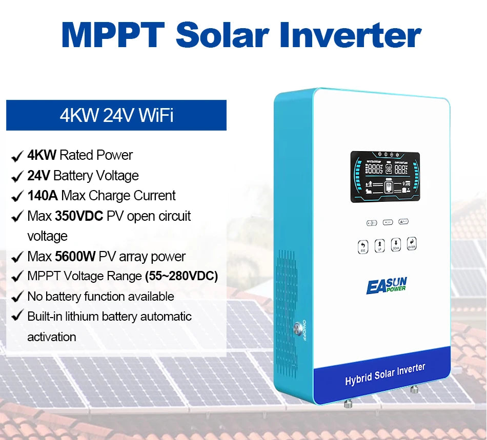 EASUN POWER 4000W Solar Inverter 120V Off Grid Solar Inverter 24V 140A 5600W MPPT Charger Pure Sine Wave Home Inverter 6.25 Inch LCD Display 4000W Hybrid Inverter 110V Inversor US Standard Machine Household Solar Energy Equipment