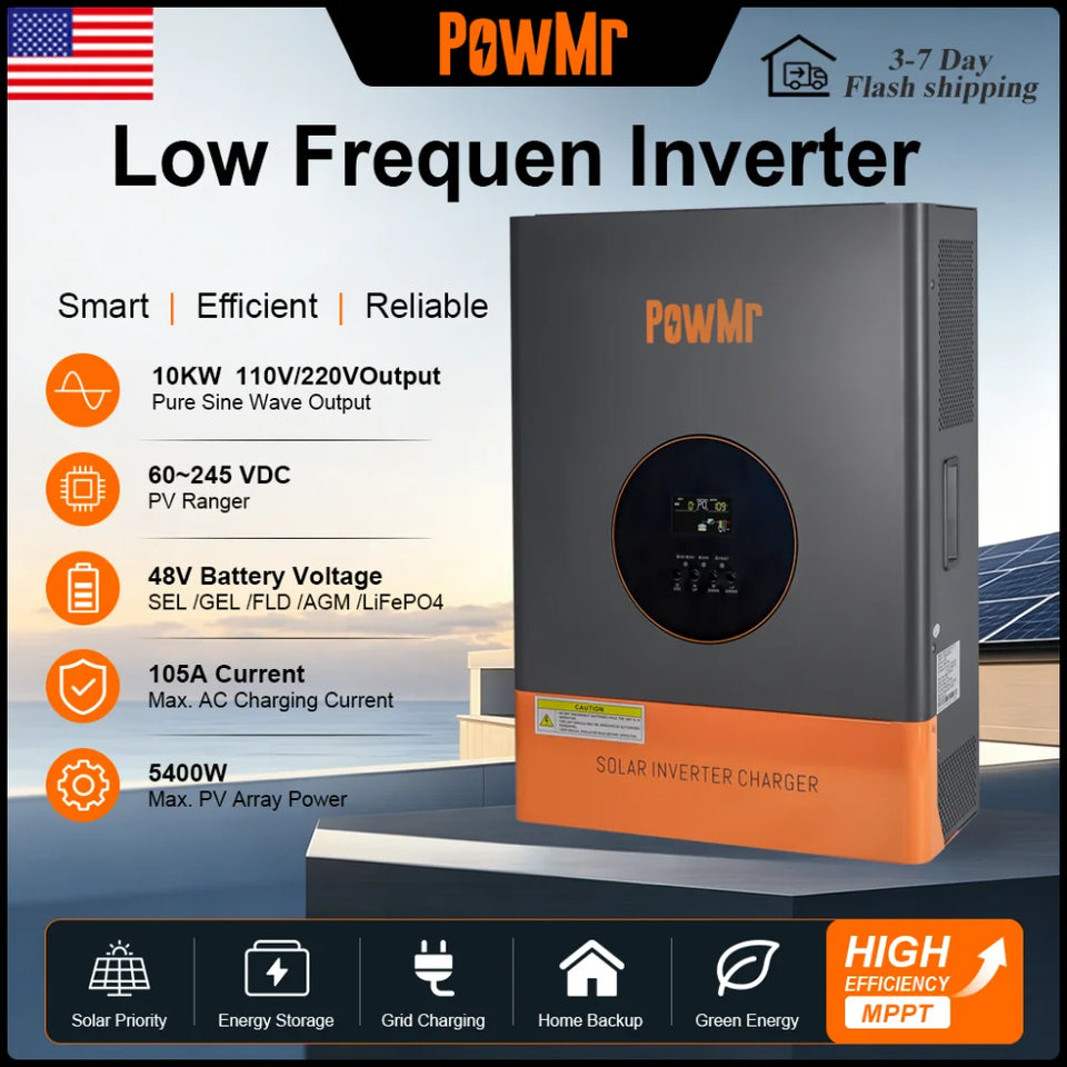 PowMr Low Frequency 48V Solar Inverter Charger 5KW 10KW Split Phase 110V/220V Pure Sine Wave Inverter with 105A MPPT Charging Current Built in BMS Comms AC/DC Dual Charge Protections for Industrial and Commercial Premises