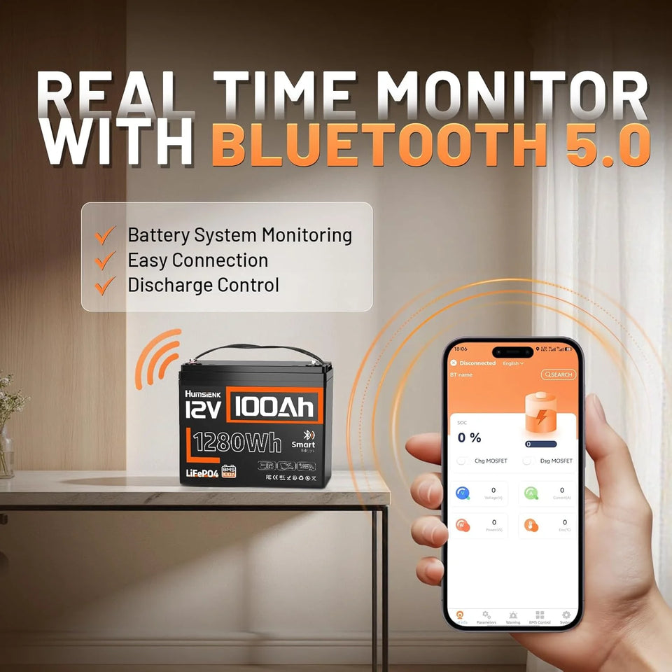 HumsiENK LiFePO4 12.8V 100Ah Grade A Battery 8000 Cycles Built-in Bluetooth & 100A BMS For Boat /RV /Camping/Portable/solar energy storage
