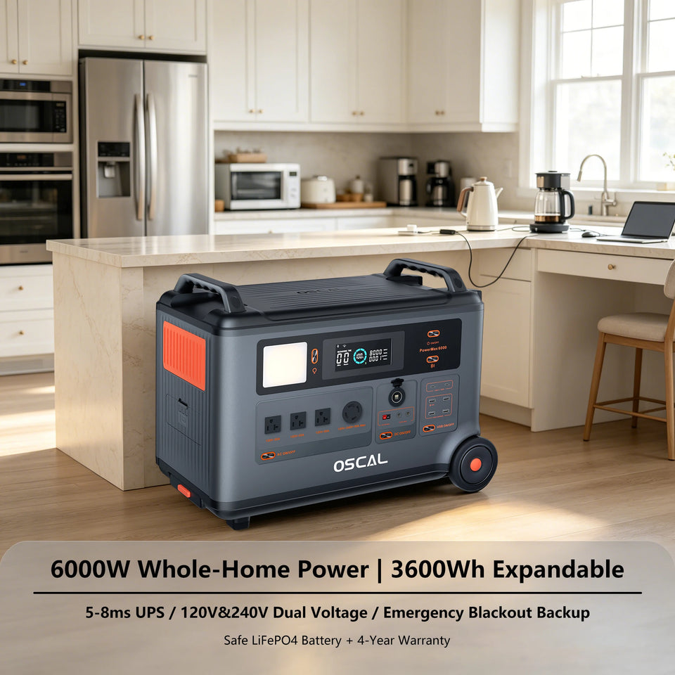 OSCAL PM6000 Portable Power Station 6000W,3600wh LiFePO4 Surge Solar Generator, 1.5H Fast Charge UPS for Home Backup Hurricane Blackout Camping Off-Grid