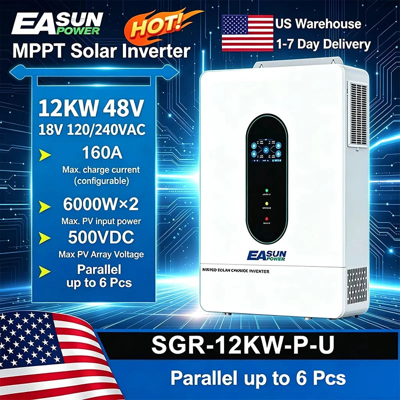 EASUN POWER US 12KW 12000W Split Phase Solar Inverter Two MPPT Hybrid Solar Inverter 160A 500VDC PV Input 110VAC 48VDC Pure Sine Wave Hybrid Dual Output With WIFI 120V/220V Parallel Solar Charging Control Paralleled With WiFi Duty Free