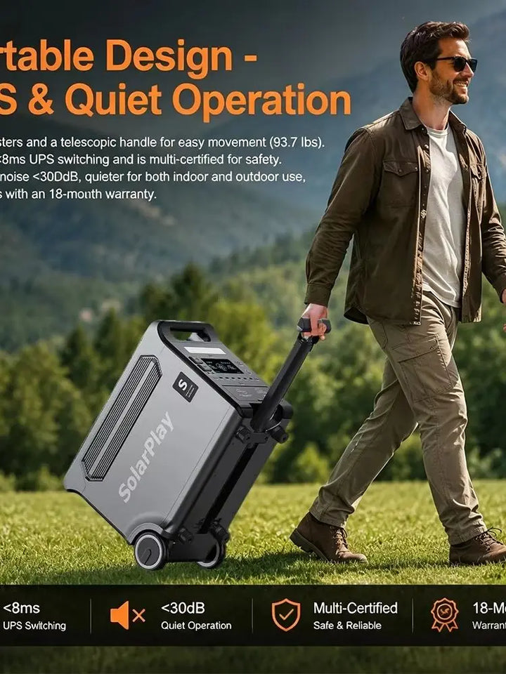 SolarPlay Q3600 3600W Portable Power Station 3840Wh LiFePO4 Solar Generator, 2000W Solar Input, 1.5H Fast Charge, UPS, 15 Ports with TT-30, 30dB Quiet, Foldable Cart for Home Backup Camping RV Off-Grid