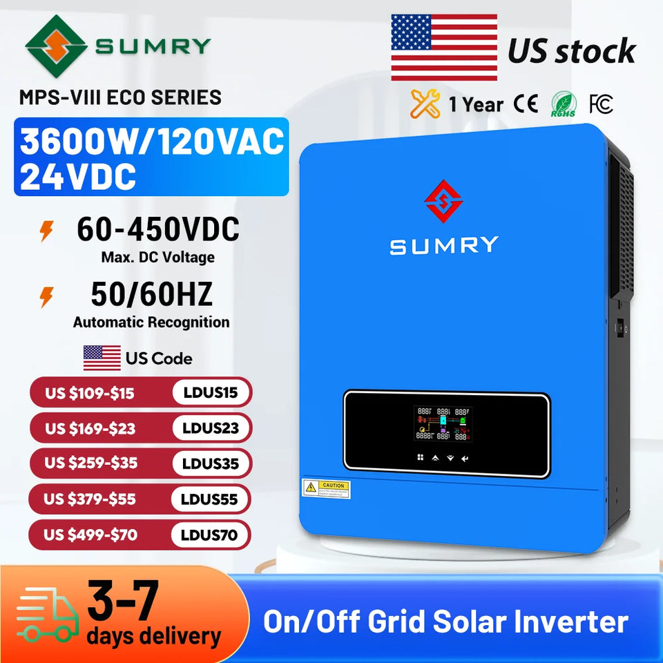 Sumry 3.6kw Hybrid Solar Inverter 110/120v 24v Dual Output with MPPT 120A 60-450v 50/60hz Home Inversor Pure Sine Wave