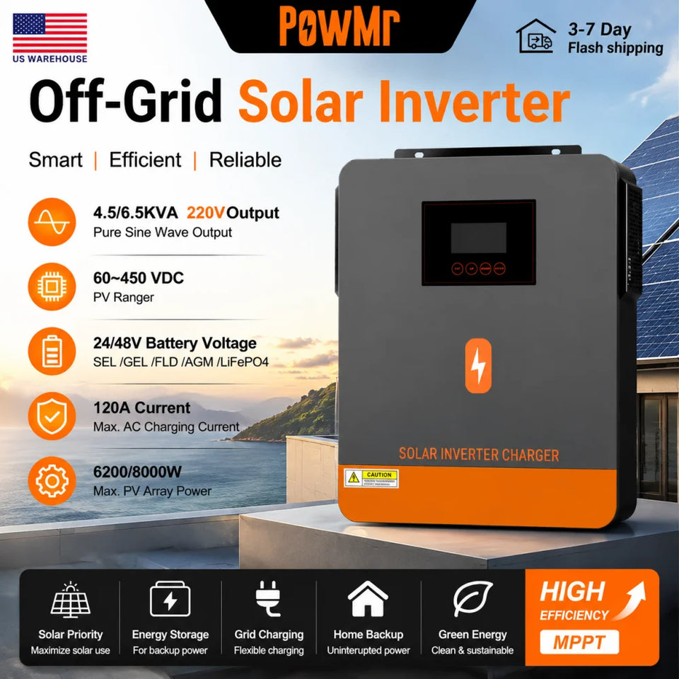 PowMr 4.5VA/6.5VA Off Grid Solar Inverter 24V/48Vdc to 220Vac MPPT 120A Charge Controller BMS Communication Max PV 450V for Home Solar System
