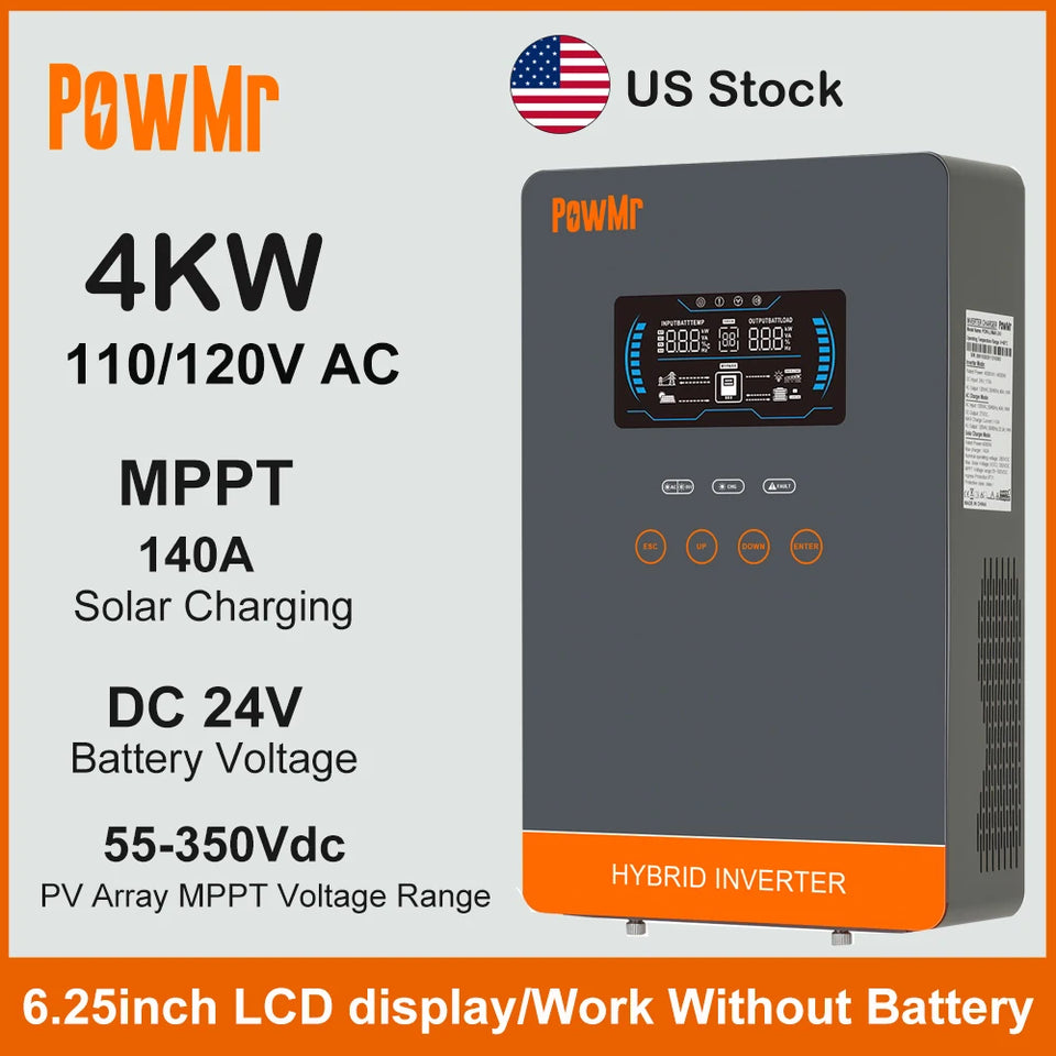 US Stock 4KW 120V Off Grid Solar Inversor DC 24V 140A MPPT Solar Charger Pure Sine Wave Home Inverters 6.25 Inch LCD Display