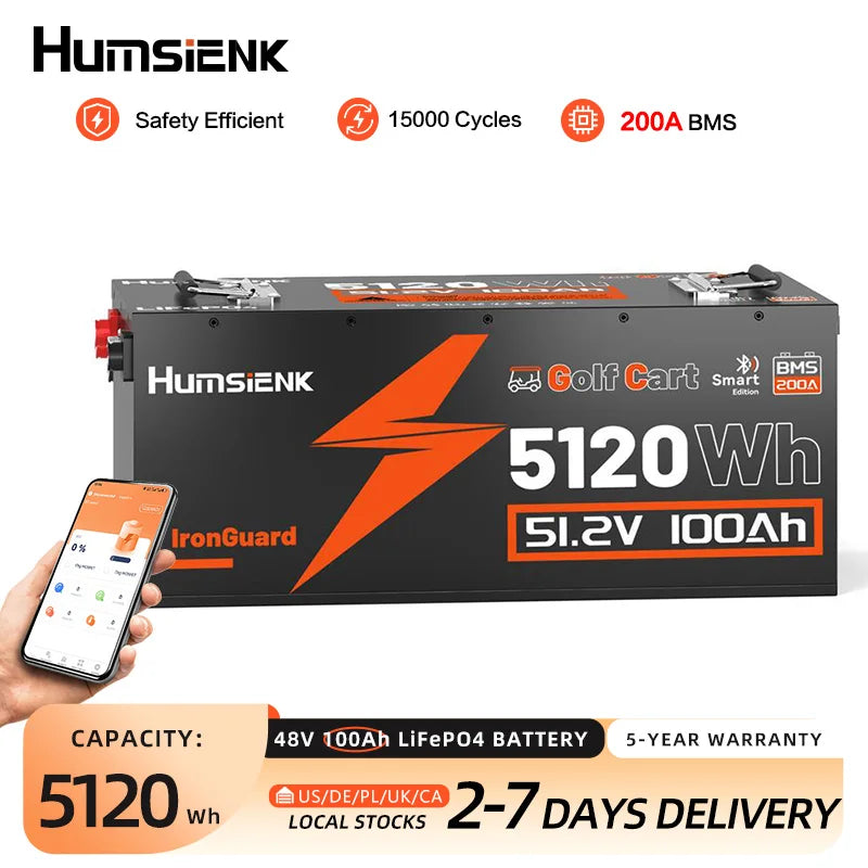 Humsienk 48V 100Ah LiFePO4 Battery Designed For Golf Cart 200A BMS 5120Wh Smart Bluetooth Monitor With 5-Year Warranty/ UL 1973