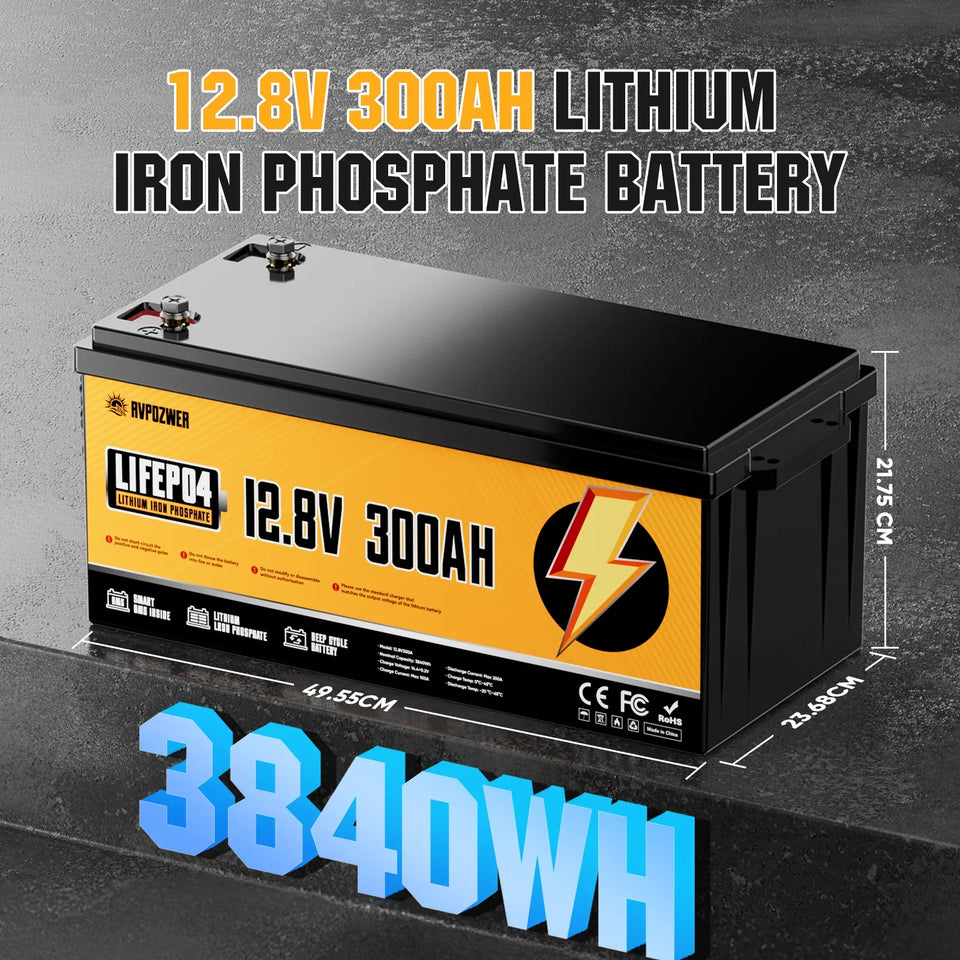 RVPOZWER 12V 300Ah 3840Wh Lithium LiFePO4 Battery 200A BMS for Golf Cart RV Marine Solar Panels Rechargeable Battery