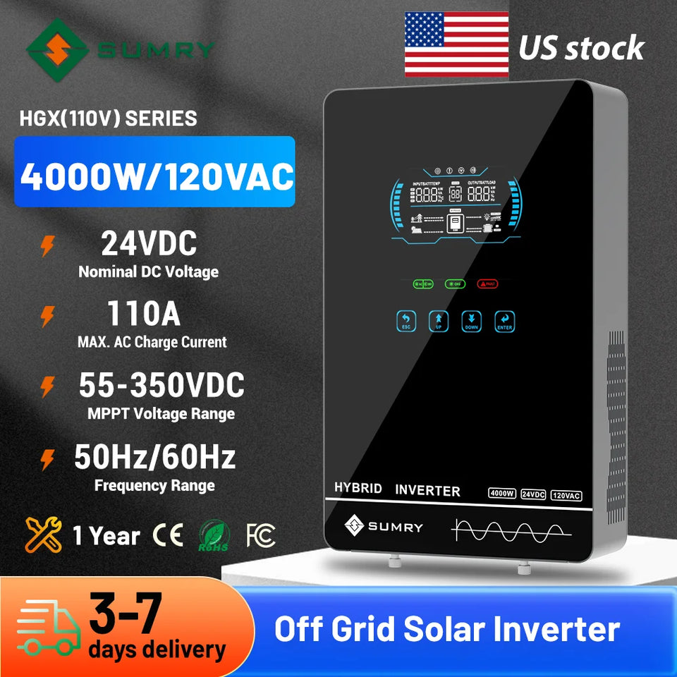 Sumry 4KW 120V Off Grid Solar Inverter 24V 140A 5600W MPPT Charger Pure Sine Wave Home Inverter 6.25 Inch LCD Display