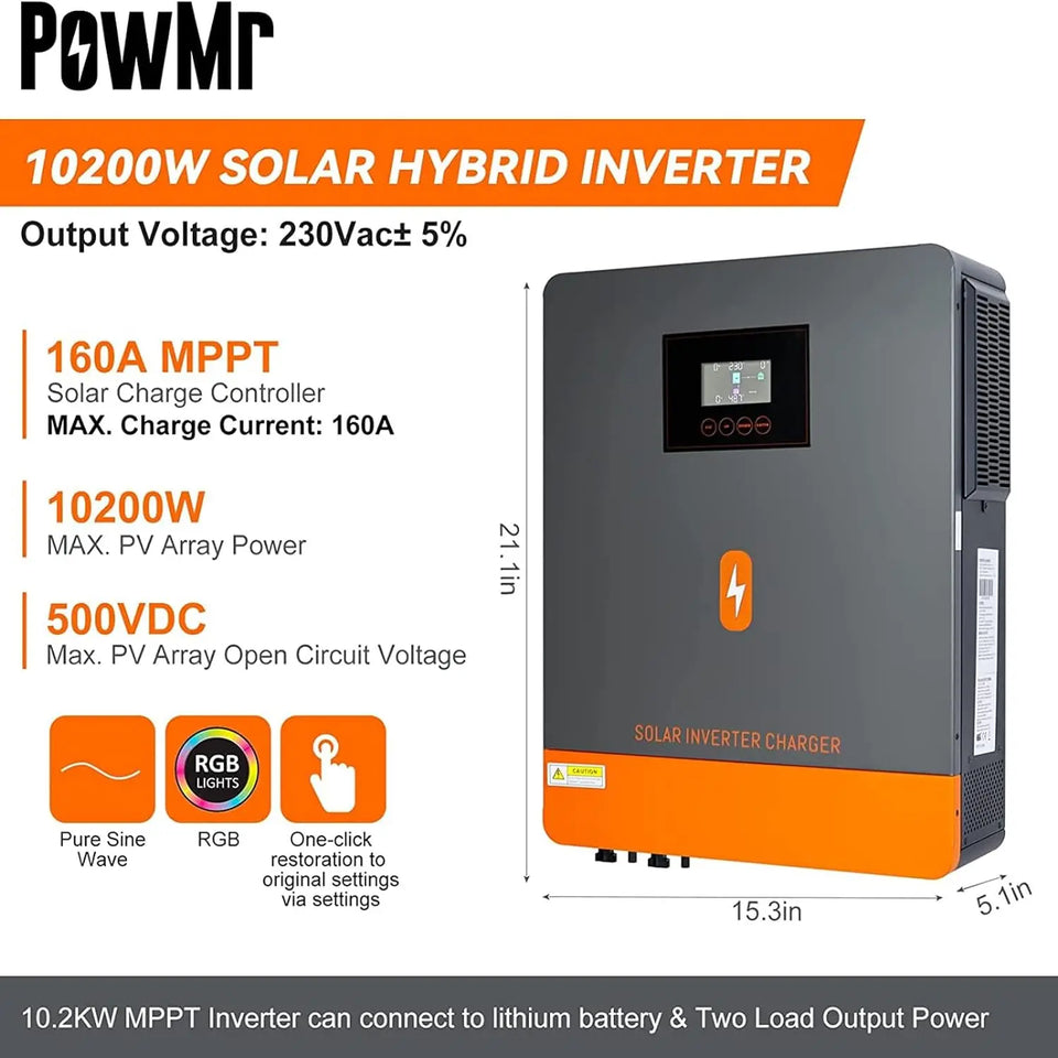 PowMr 13.2KW Hybrid Solar Inverter 48V 220V On Grid Off Grid Inverter Dual Input Dual Output MPPT 160A Solar Battery Charger