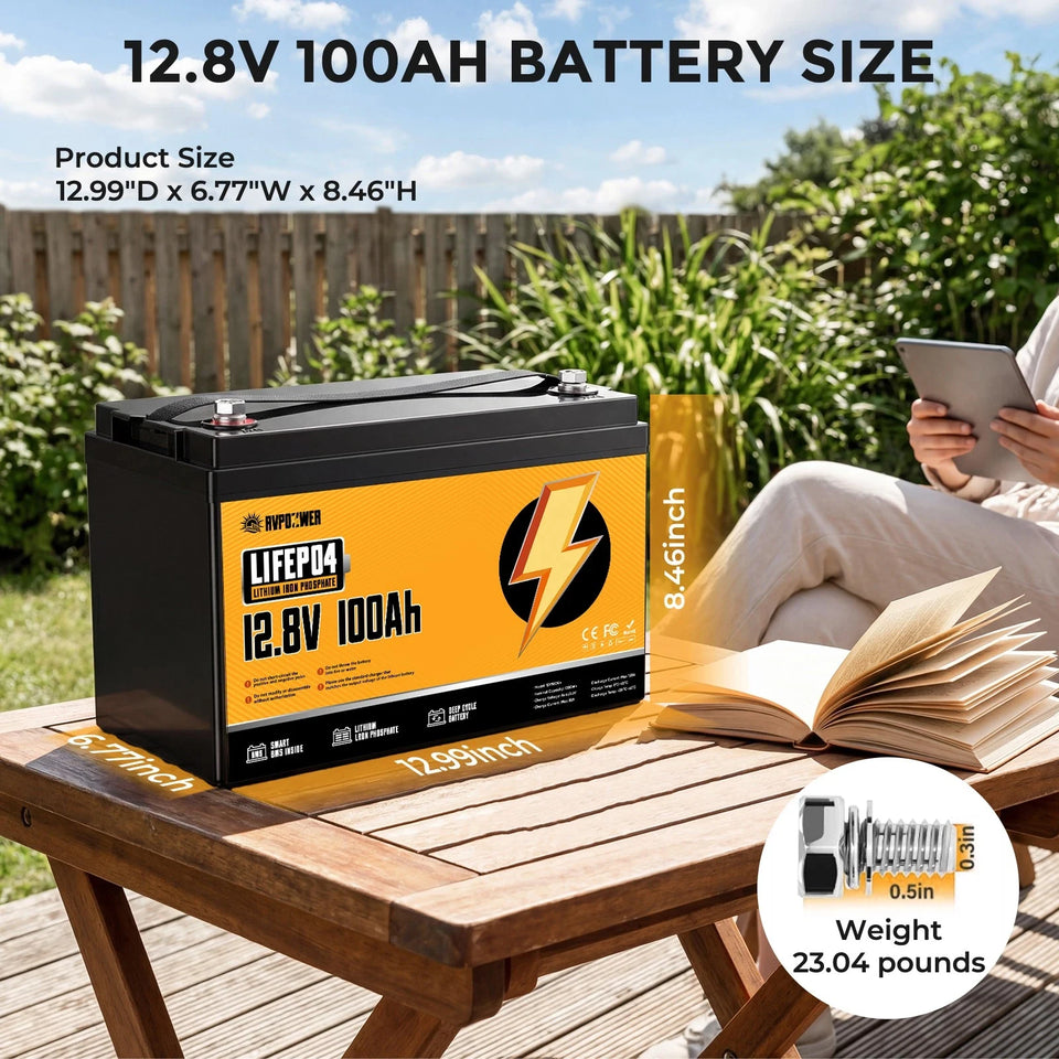RVPOZWER 12V 100Ah Lithium Battery Nominal Capacity LiFePO4 1280Wh Battery 100A BMS Solar Portable Rechargeable 15000 Cycles for RV Applications Marine Travel Trailer Off-grid Application