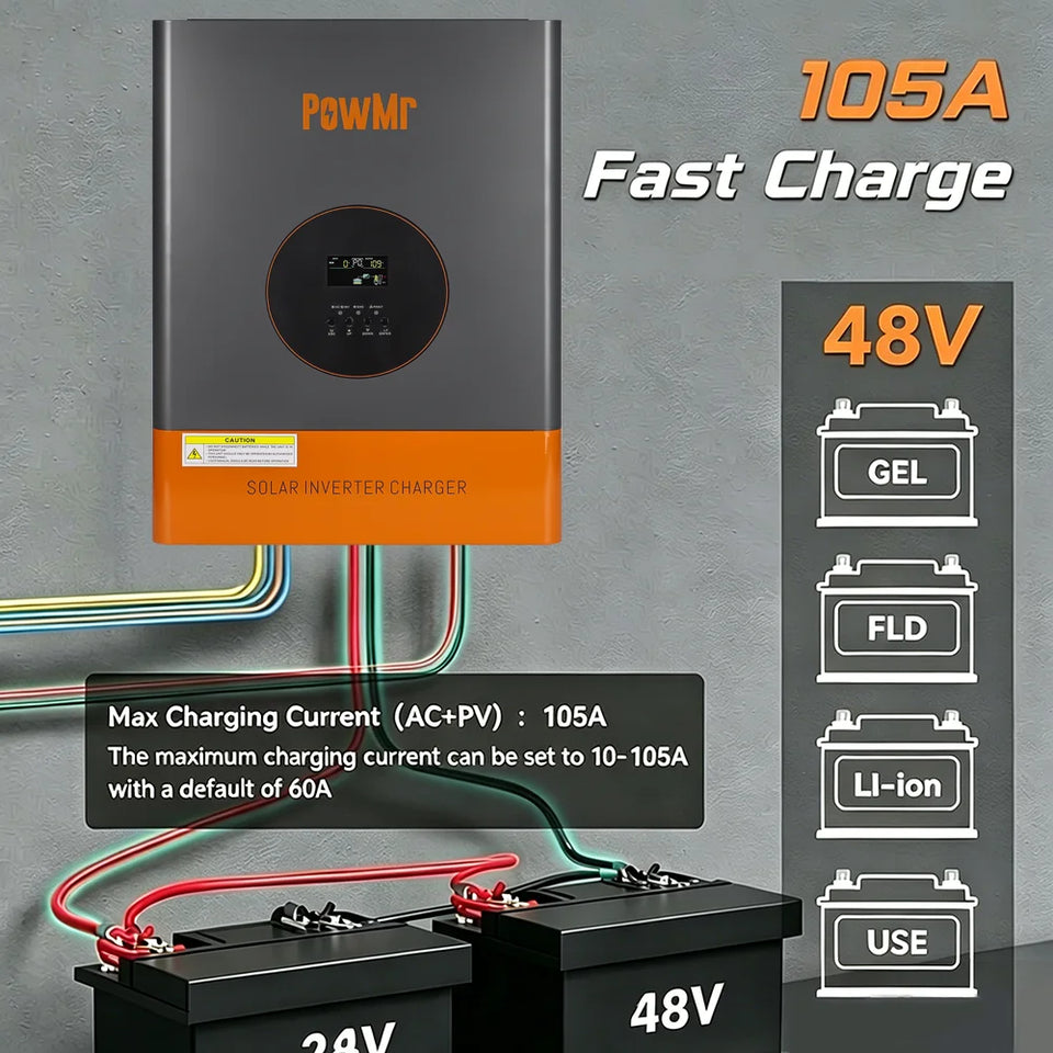 PowMr Low Frequency 48V Solar Inverter Charger 5KW 10KW Split Phase 110V/220V Pure Sine Wave Inverter with 105A MPPT Charging Current Built in BMS Comms AC/DC Dual Charge Protections for Industrial and Commercial Premises