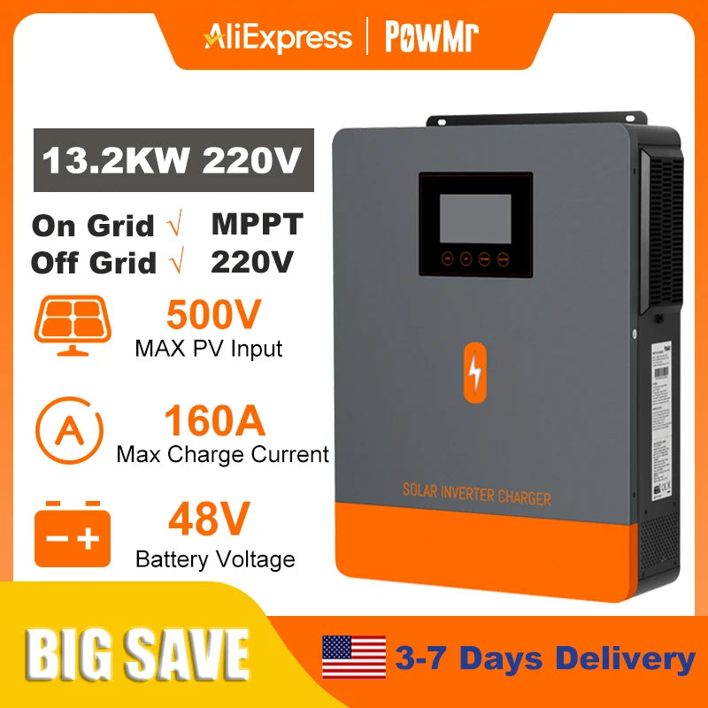 PowMr 13.2KW Hybrid Solar Inverter 48V 220V On Grid Off Grid Inverter Dual Input Dual Output MPPT 160A Solar Battery Charger