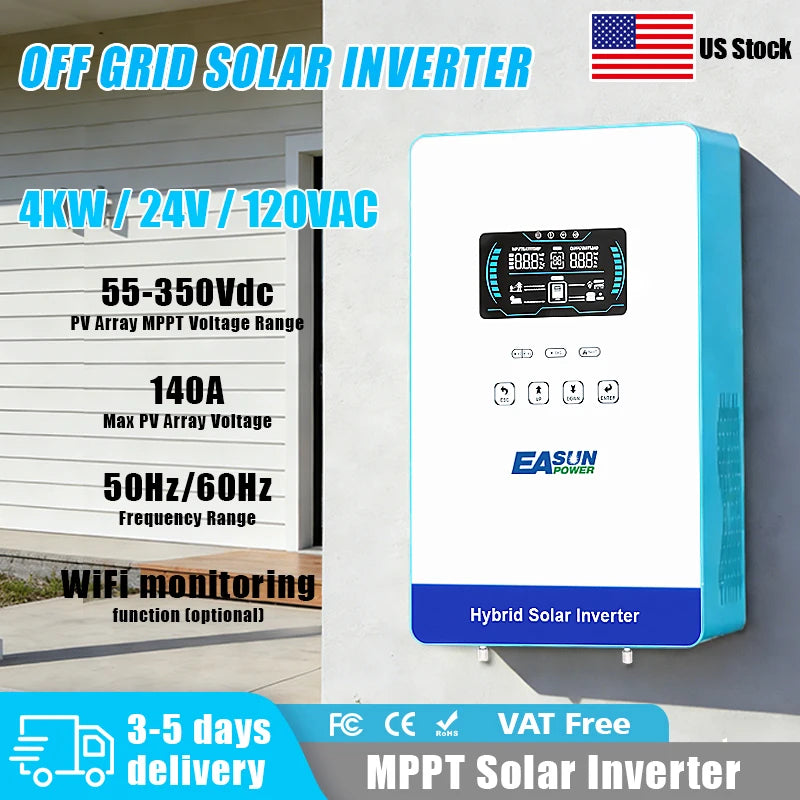 EASUN POWER US Hybrid Inverter 4KW 24V 140A MPPT Solar Charger Pure Sine Wave Inverter for Home 6.25 Inch LCD Display Household