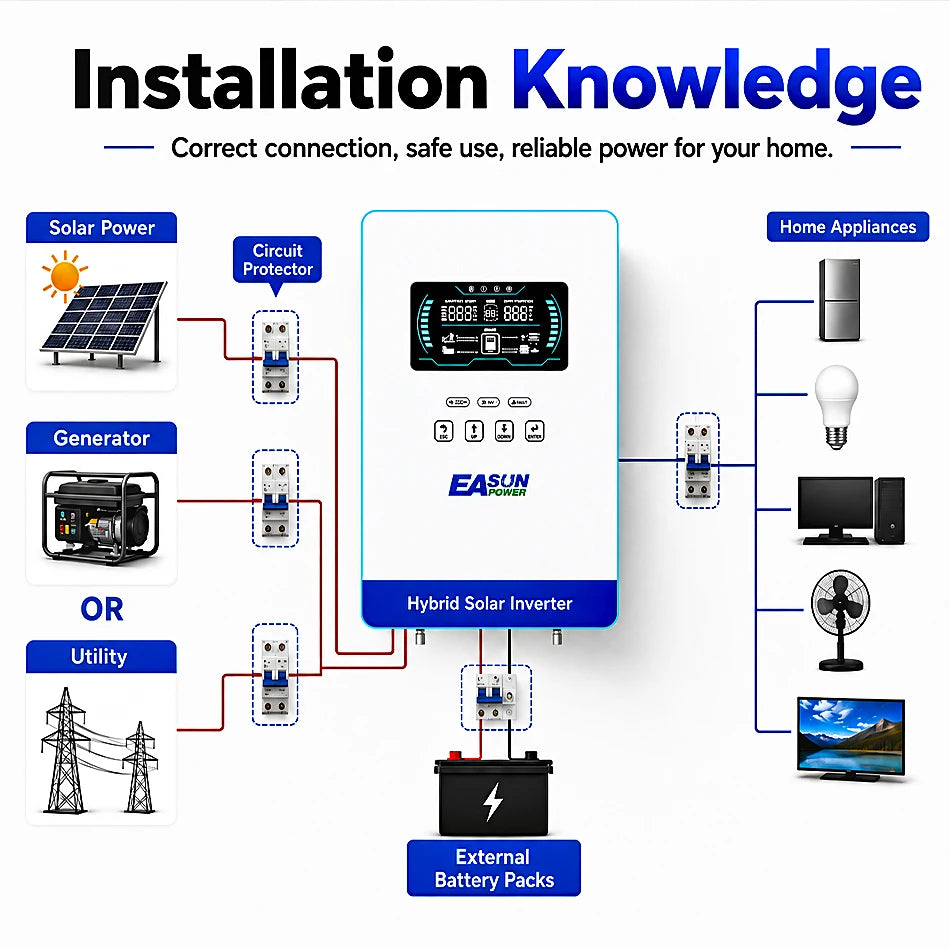 EASUN POWER US Hybrid Inverter 4KW 24V 140A MPPT Solar Charger Pure Sine Wave Inverter for Home 6.25 Inch LCD Display Household